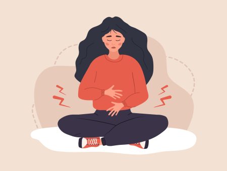 Menstrual pain. Sad woman with abdominal cramps or pms symptoms. Female critical day problems. Vector illustration in flat cartoon style.